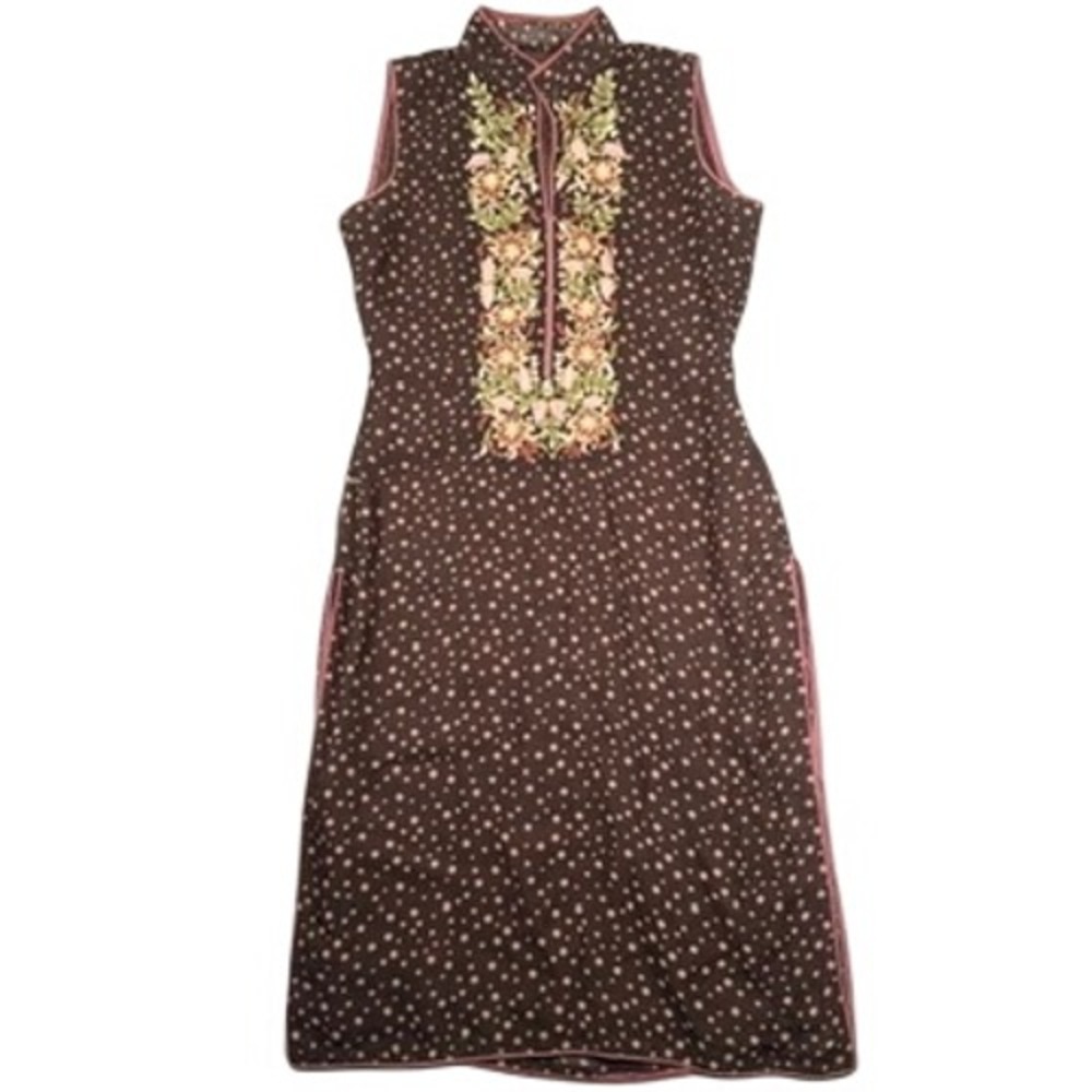 Handmade Embroidered Polka Dot Tunic Dress Medium Women Brown Floral Boho